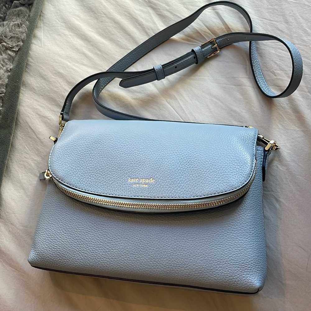 Kate Spade Zipper flap Crossbody bag light blue pebbles leather. NWOT